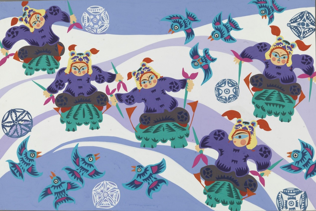 <h2>冰雪虎子</h2><p>作者：张胜利</p><p>创作年代：1990年</p><p>规格：48cm×73cm</p><p>技法：农民画</p>
